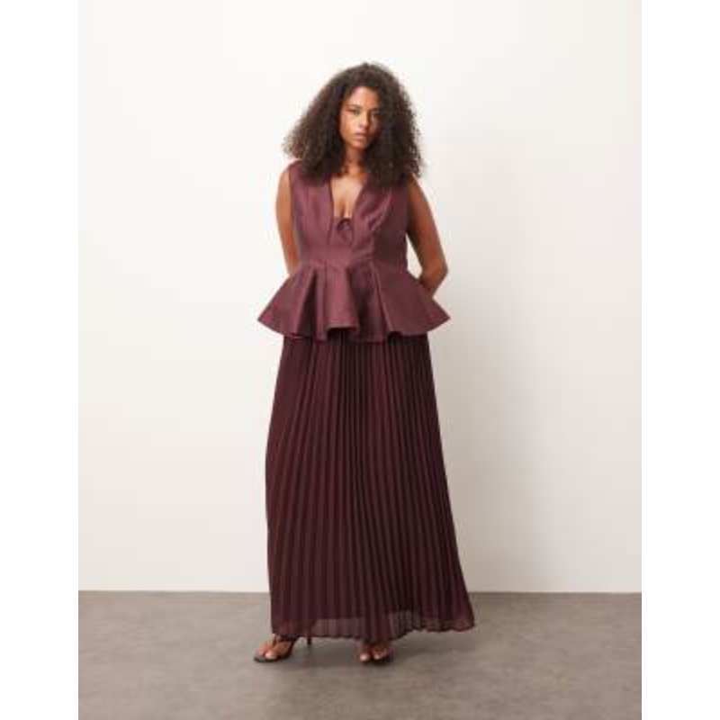 ARRANGE Curve structured waisted maxi dress with contrast pleated skirt in plum