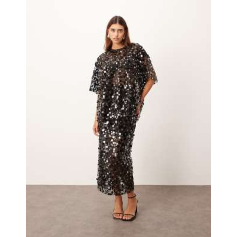 ARRANGE sheer grid sequin tee and maxi skirt in black