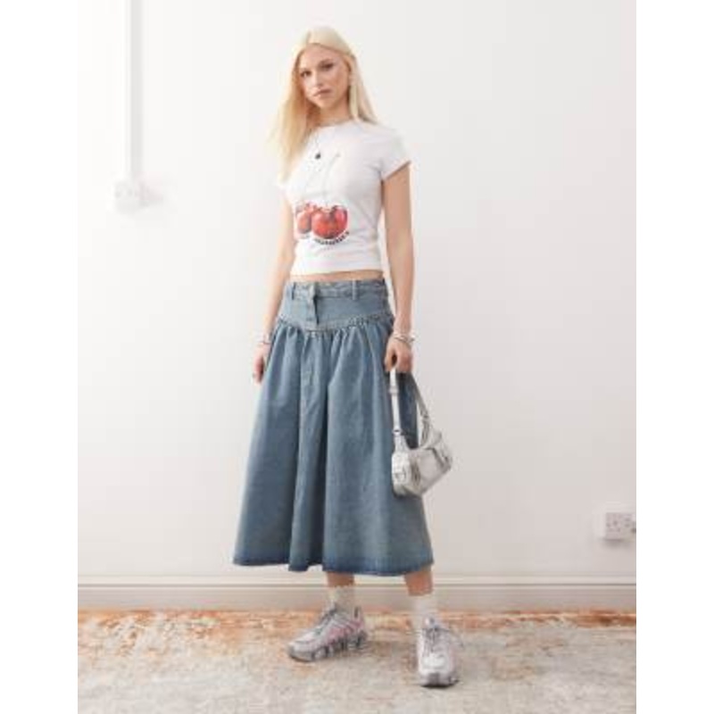 COLLUSION denim midi skirt in mid wash