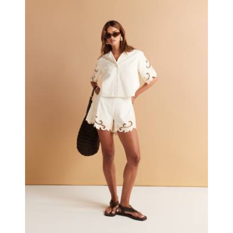 DESIGN soft denim crochet shorts and shirt set in ecru