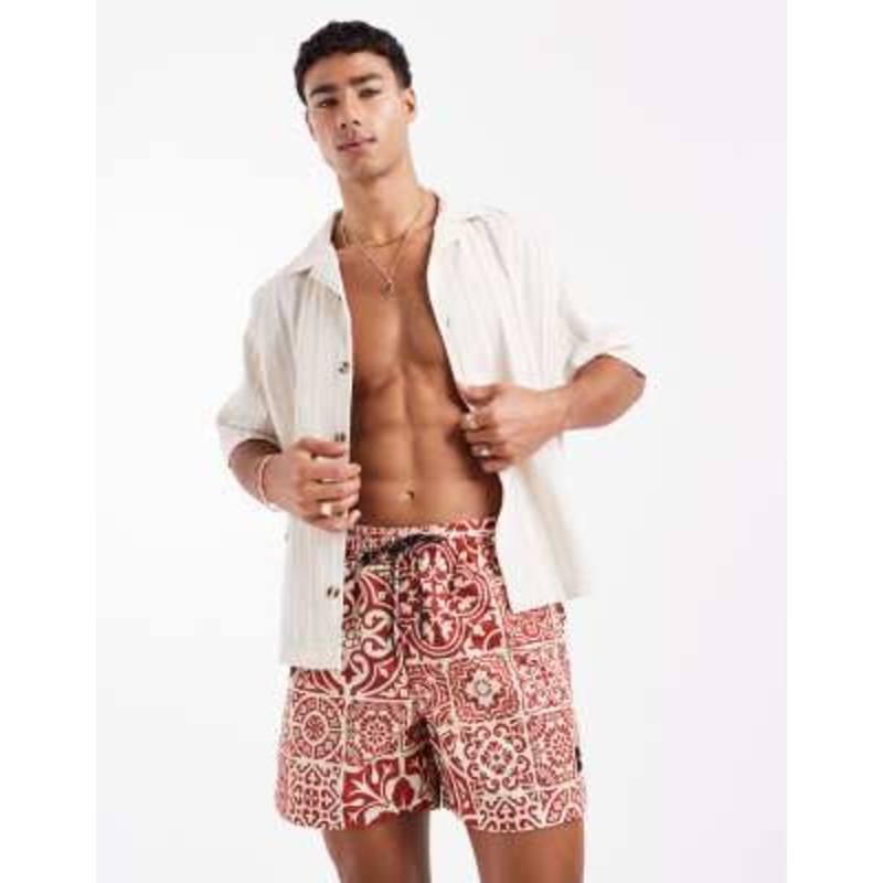 Jack & Jones swim shorts in tile print terracotta
