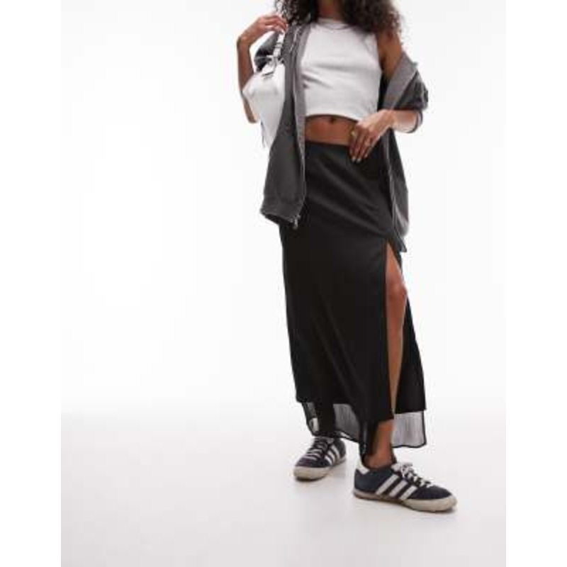 Topshop midi skirt in satin chiffon mix in black