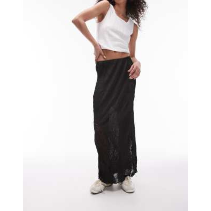 Topshop plisse lace mix jersey skirt in black