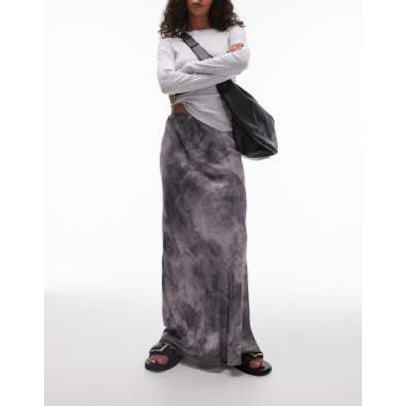 Topshop satin bias cut maxi skirt in gray non print