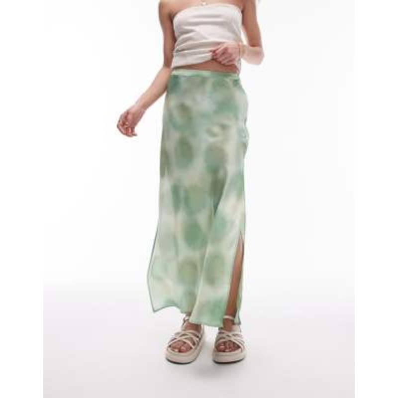 Topshop satin tie dye bias cut skirt in green