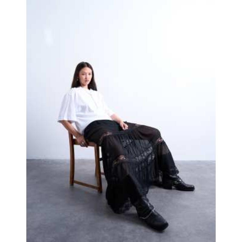 Topshop sheer maxi skirt with lace inserts in black