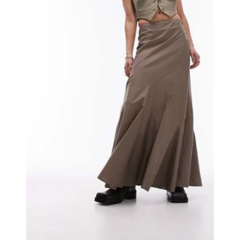Topshop tiered Disjointed Midi Skirt in Taupe