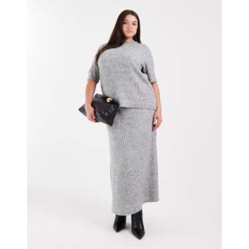 Vero Moda Curve rib knit short sleeve top and midi skirt set in heather gray