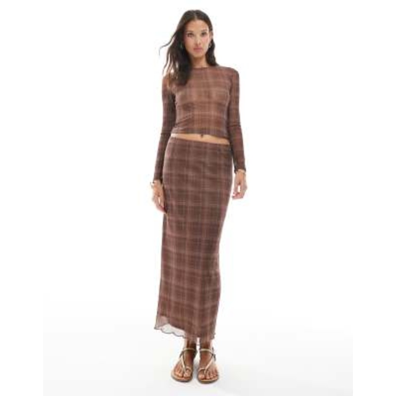 Vero Moda sheer mesh maxi skirt in mocha plaid print – part of a set