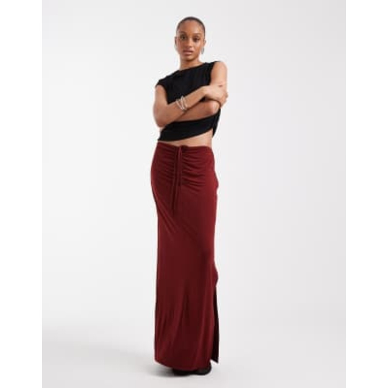 Vero Moda Tall slinky ruched front maxi skirt in burgundy