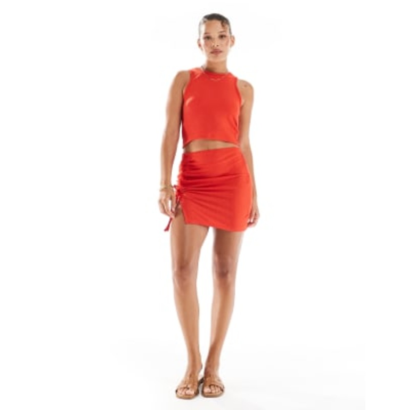 Vero Moda textured jersey beach cropped top and mini skirt set in red