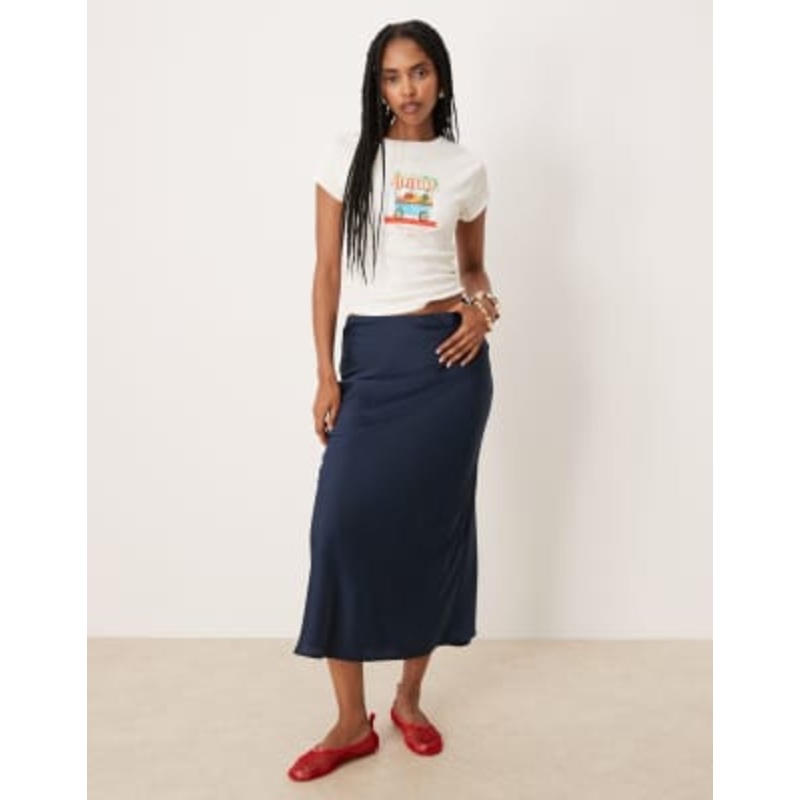 VILA satin maxi skirt in navy