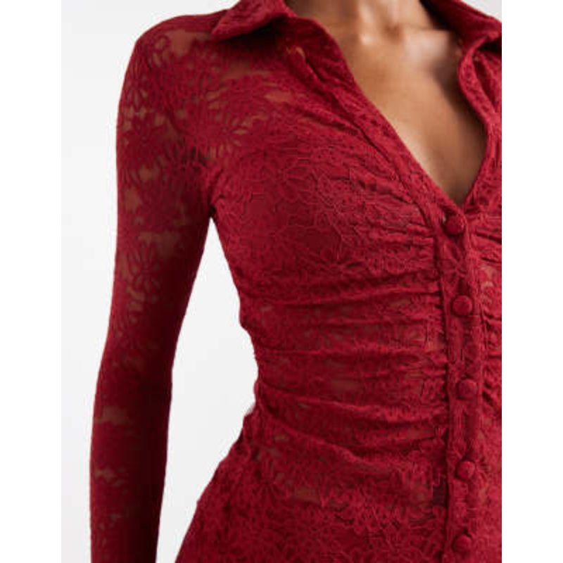 Wanderdoll Lacie plunge neck long sleeve lace shirt and mini skirt set in wine