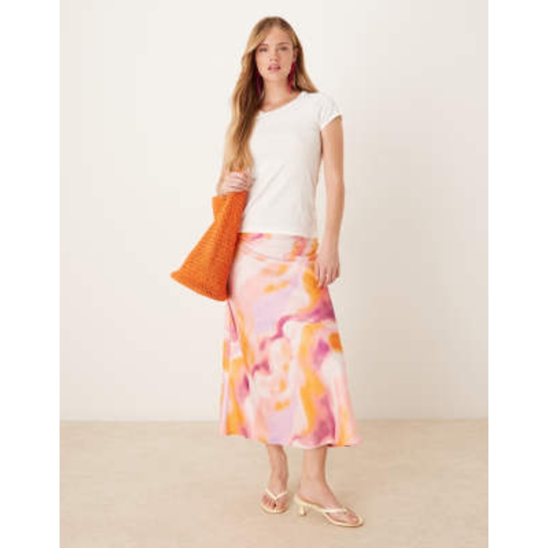 YAS blur print midi skirt in pink and orange
