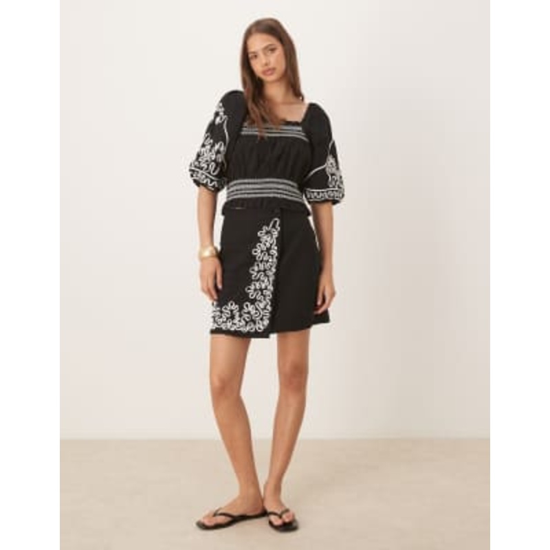 YAS contrast cornelli embroidered puff sleeve crop top and mini skirt set in black