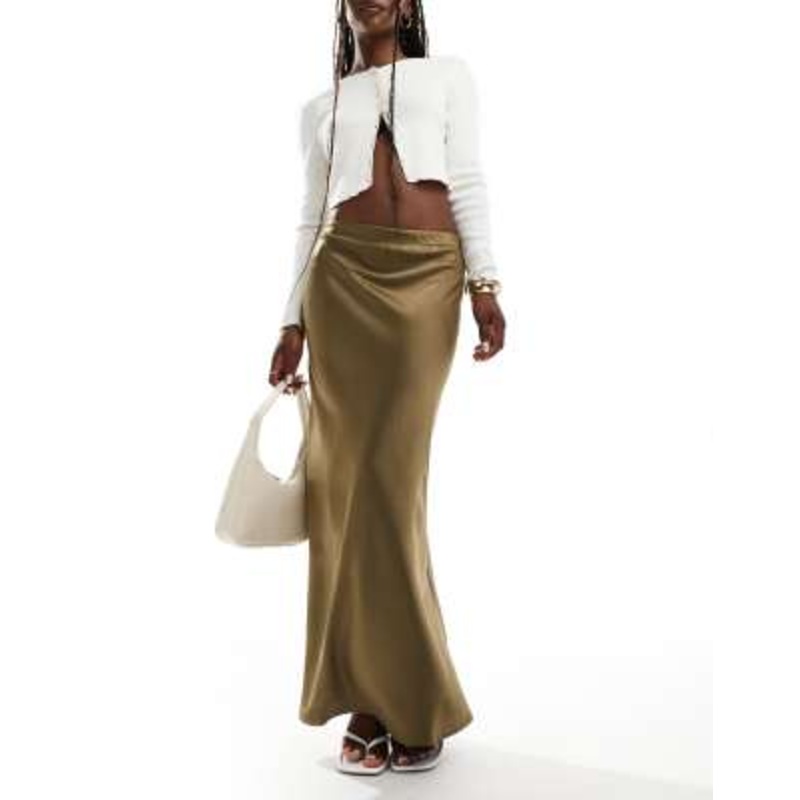 YAS maxi satin skirt in olive green