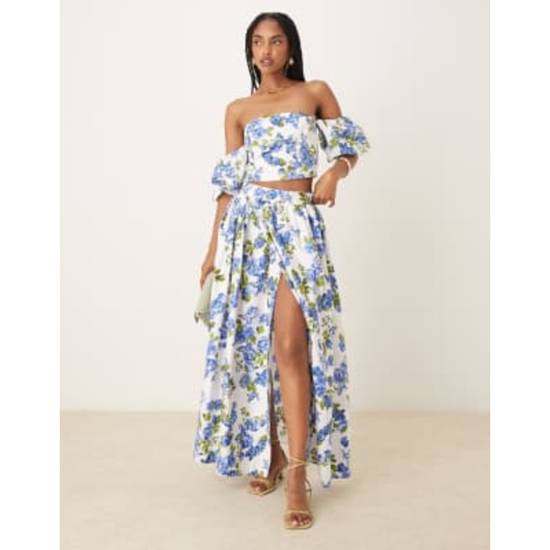 YAS off the shoulder top and maxi skirt set in blue and white floral print