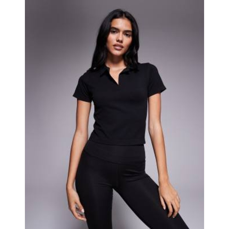 4505 seamless ribbed short sleeve active polo in black