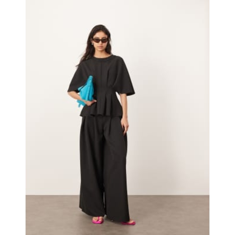 ARRANGE pleated waist short sleeve top and pleated waist tailored wide leg pants in black