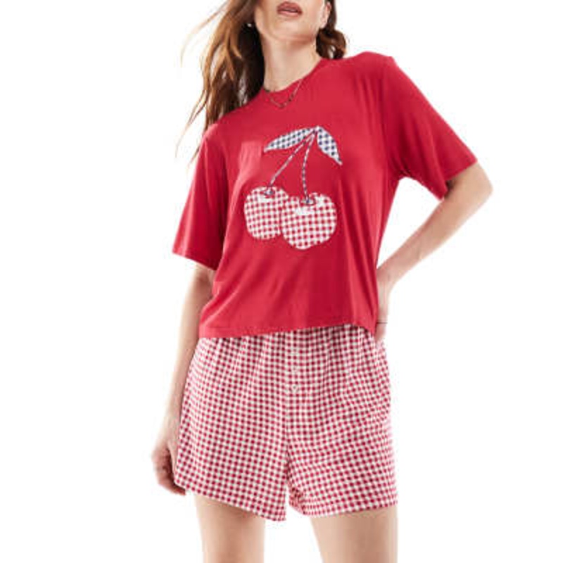 Cotton On so soft short sleeve jersey sleep set in warm cherry gingham
