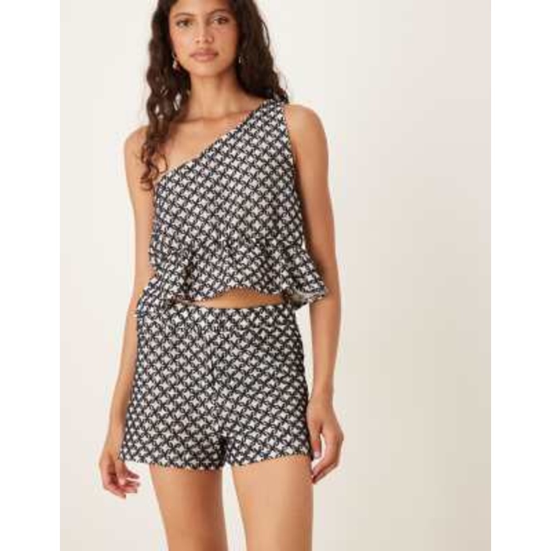 DESIGN embroidered one shoulder peplum top and shorts set in black