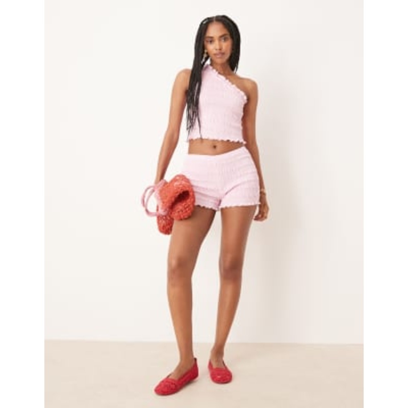 DESIGN shirred one-shoulder top and shorts set in pink