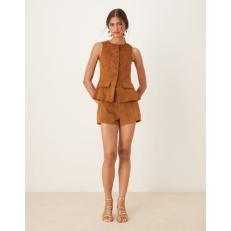 DESIGN structured suedette tank top and micro shorts set in brown
