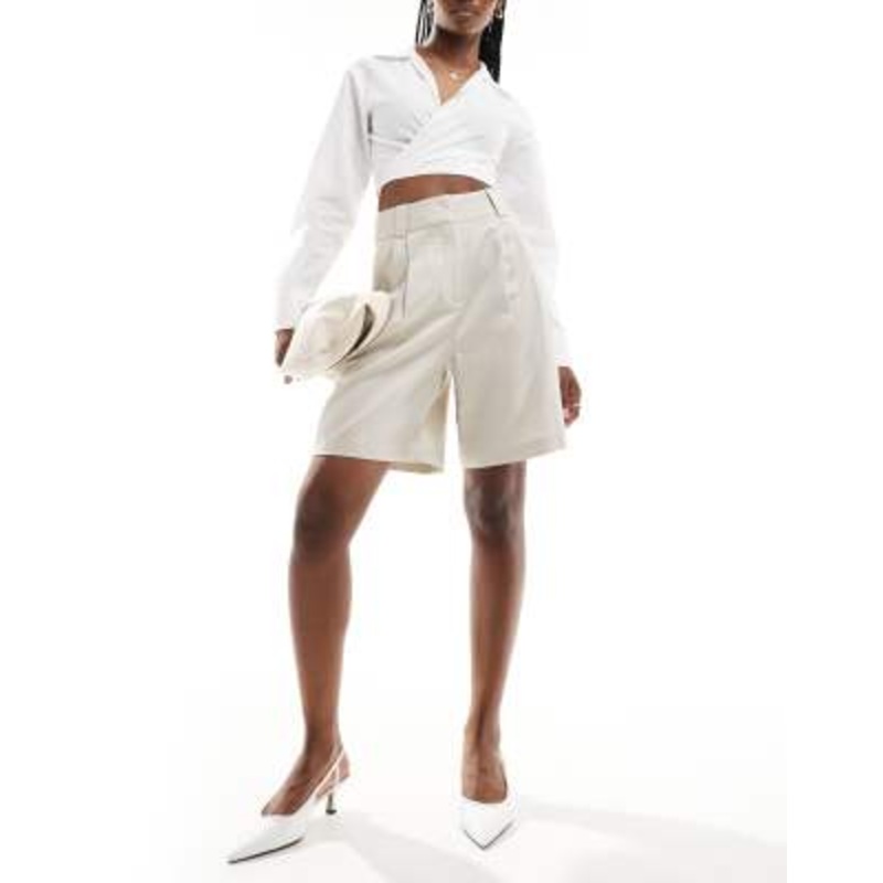 & Other Stories linen blend longline shorts with front pleats in beige