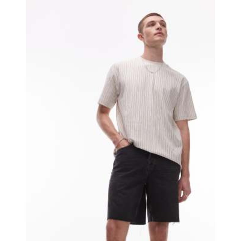 Topman denim straight leg shorts with raw hem in washed black