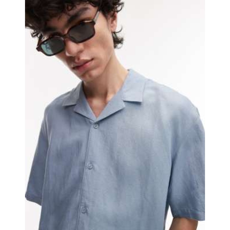 Topman regular fit short sleeve linen blend shirt in light blue