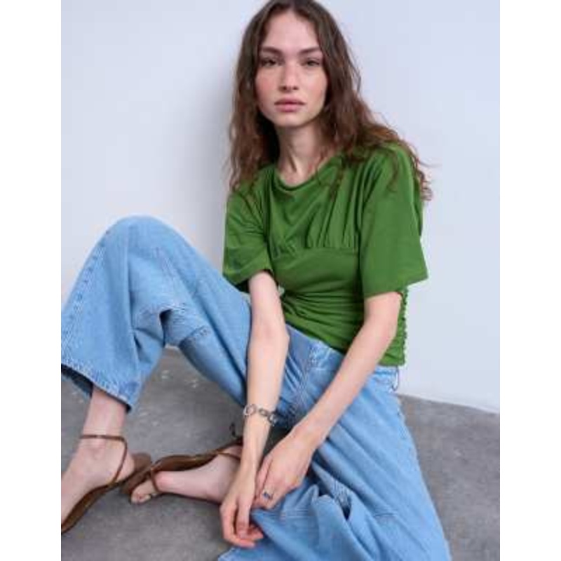 Topshop ruched detail short sleeve top in green