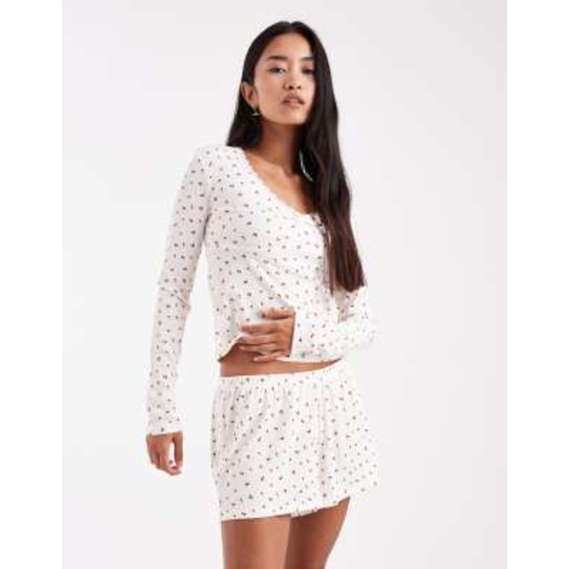 Urban Threads cherry printed ribbed pajama shorts in beige