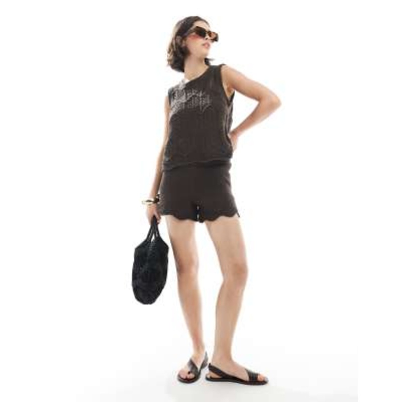 Vero Moda crochet knit tank top and shorts set in chocolate brown