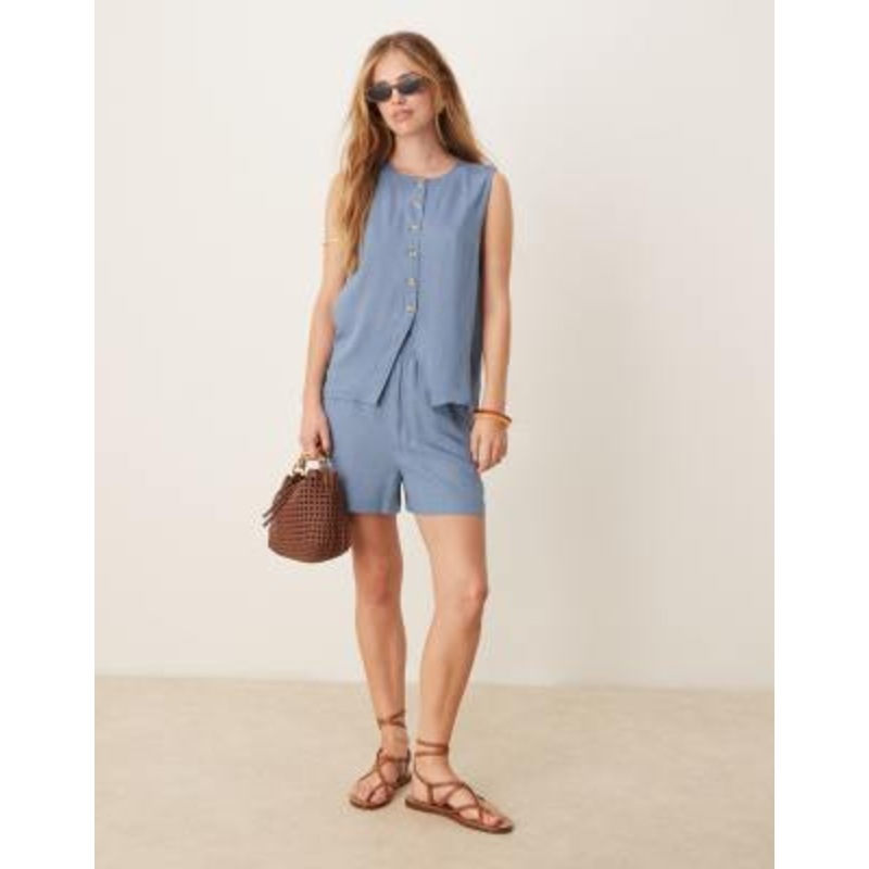 Vila high waisted full shorts in chambray blue – part of a set