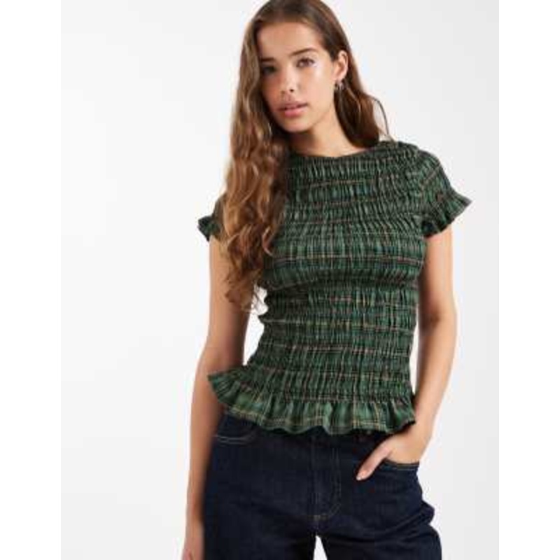 Daisy Street shirred short sleeve top in green plaid