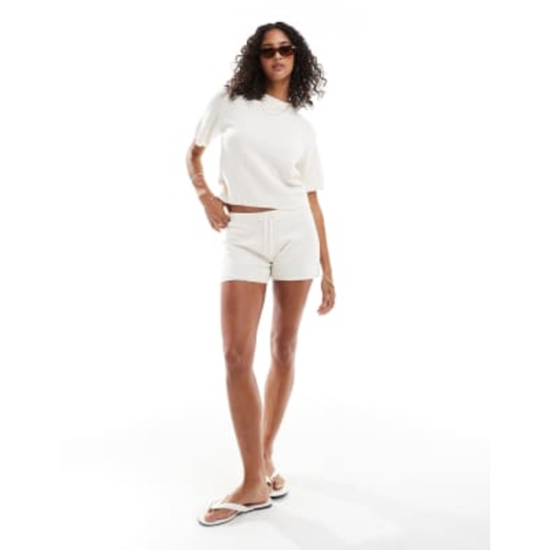 DESIGN boucle rib knit stitch oversized t-shirt and shorts set in ecru