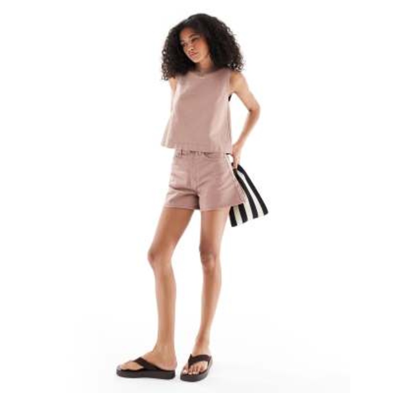 DESIGN denim boxy tank & A-line shorts set in mocha