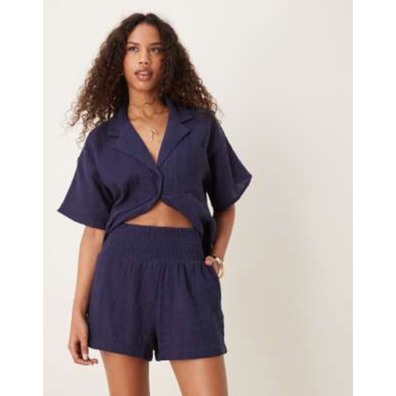 DESIGN eyelet shirred waist shorts set in navy