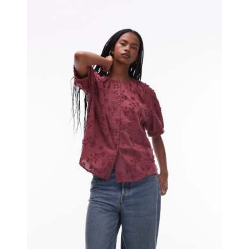 & Other Stories floral embroidered short sleeve blouse in red