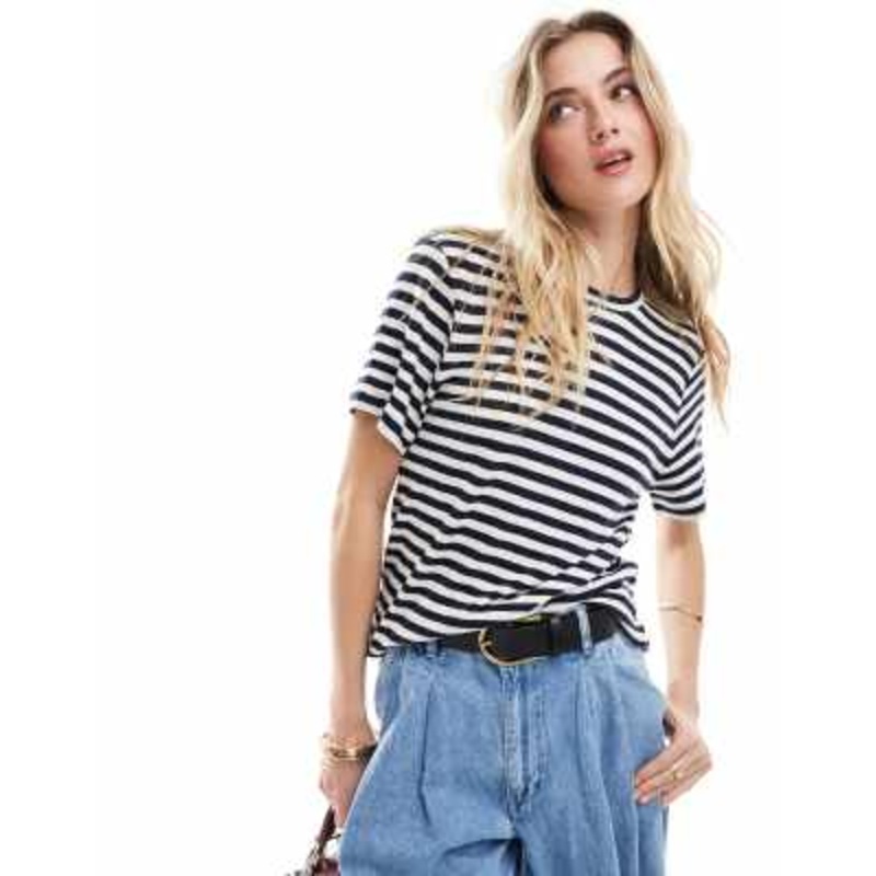 & Other Stories linen blend relaxed short sleeve T-shirt in blue and white stripes