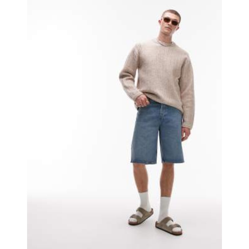 Topman denim bermuda shorts in mid wash blue