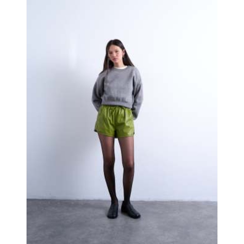 Topshop faux leather running shorts in green