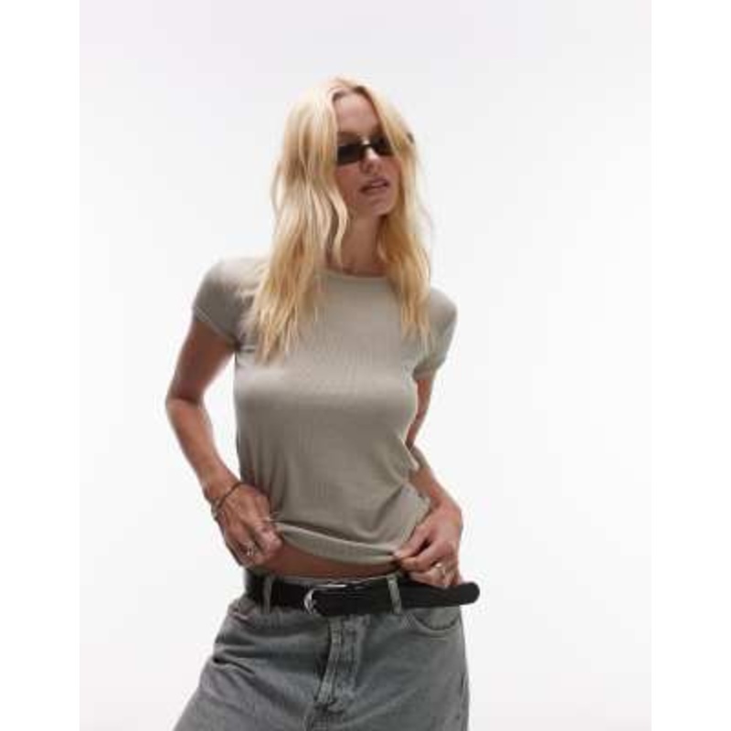 Topshop premium ribbed short sleeve tee in khaki