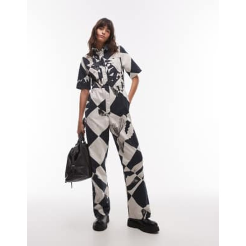 Topshop short sleeve printed jumpsuit in multi