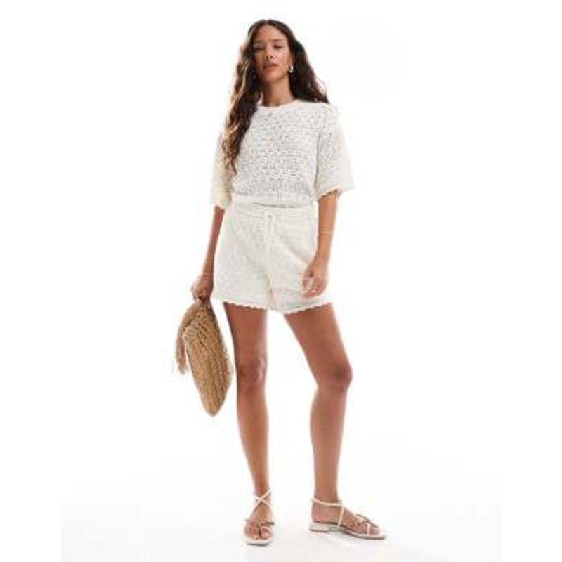 Vero Moda crochet boxy tee and shorts set in birch cream
