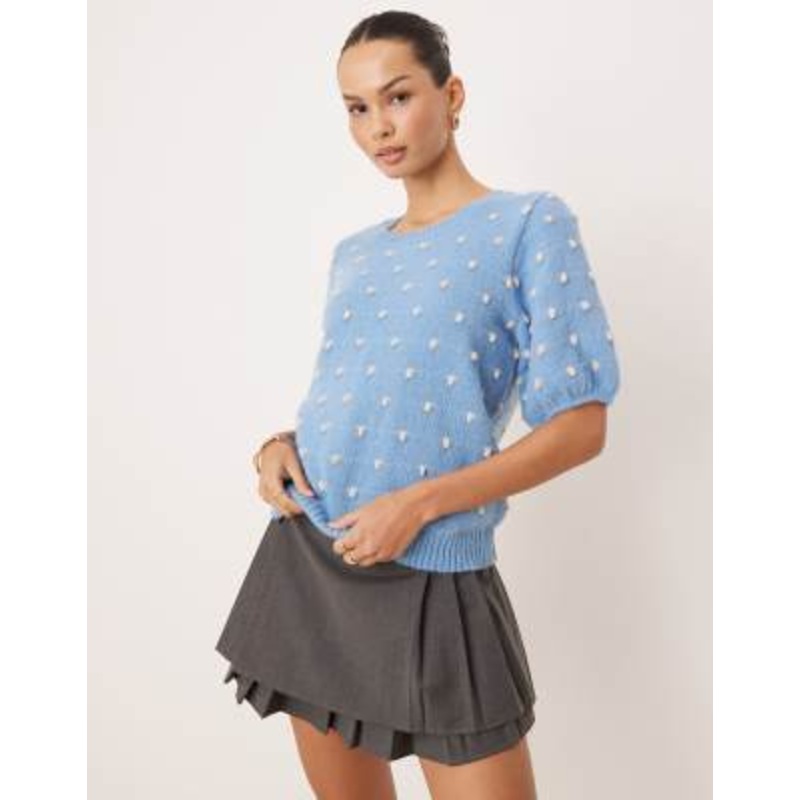 VILA short sleeve bobble texture knit top in blissful blue