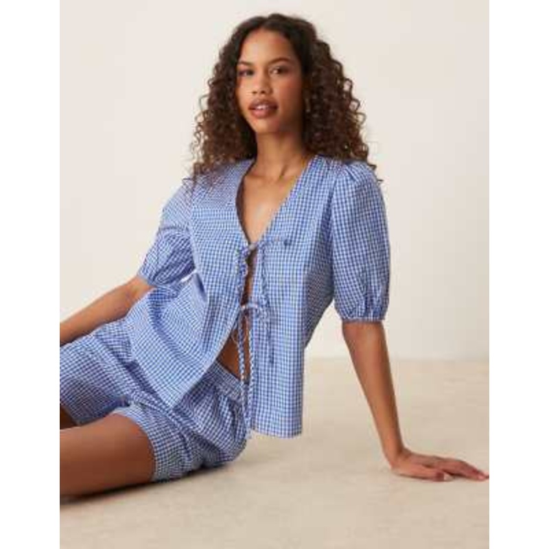 VILA short sleeve tie front gingham check poplin top in blue – part of a set