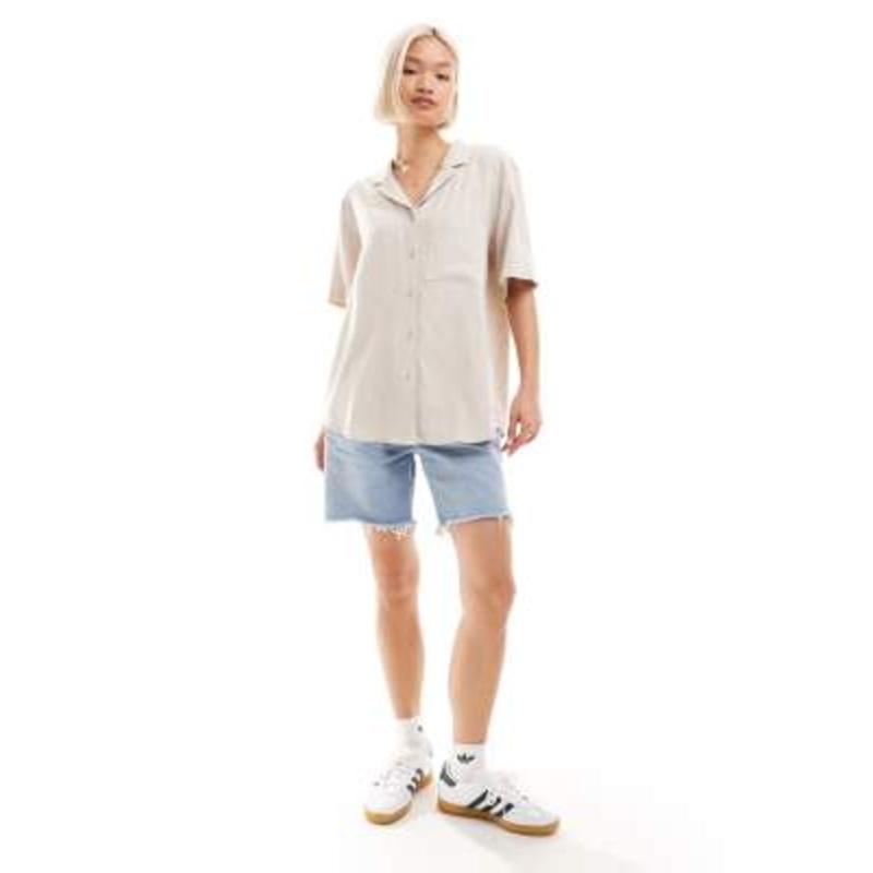 Weekday Mira linen mix short sleeve blouse in off-white