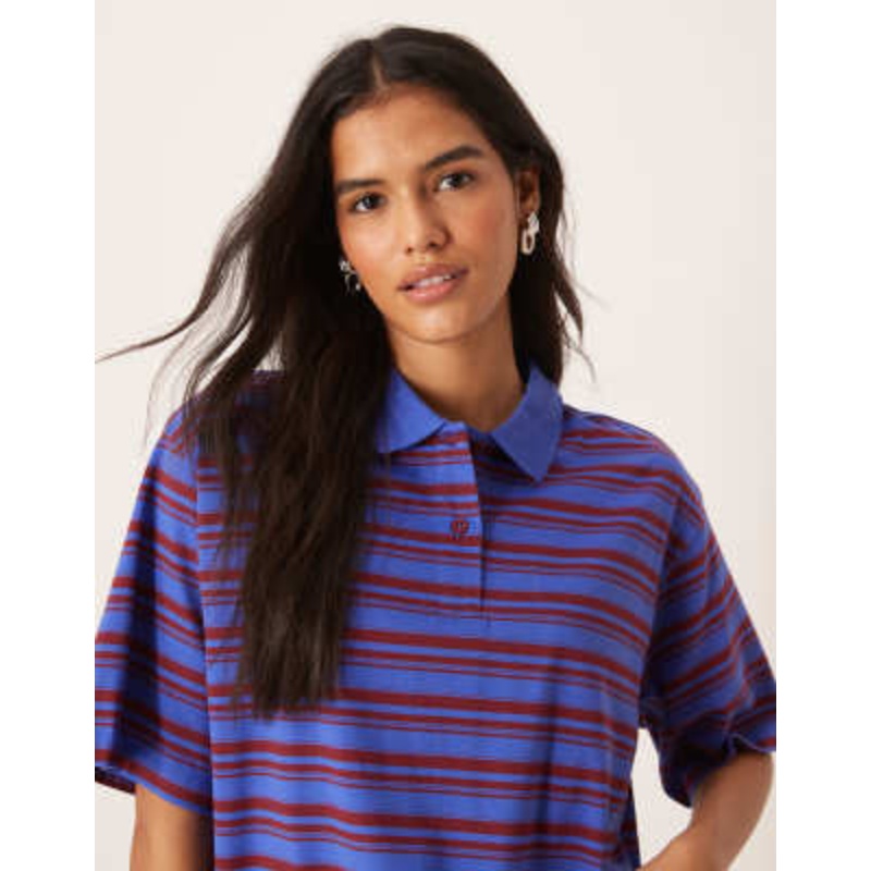 AWARE short sleeve polo top in blue & burgundy stripe