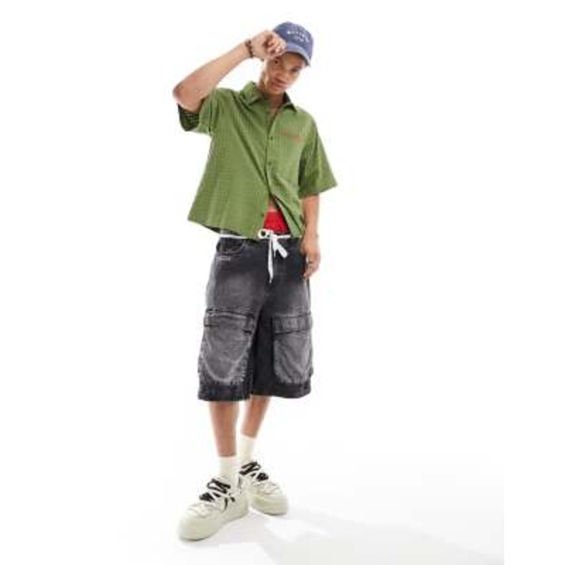 COLLUSION check short sleeve shirt in green plaid with orange embroidery